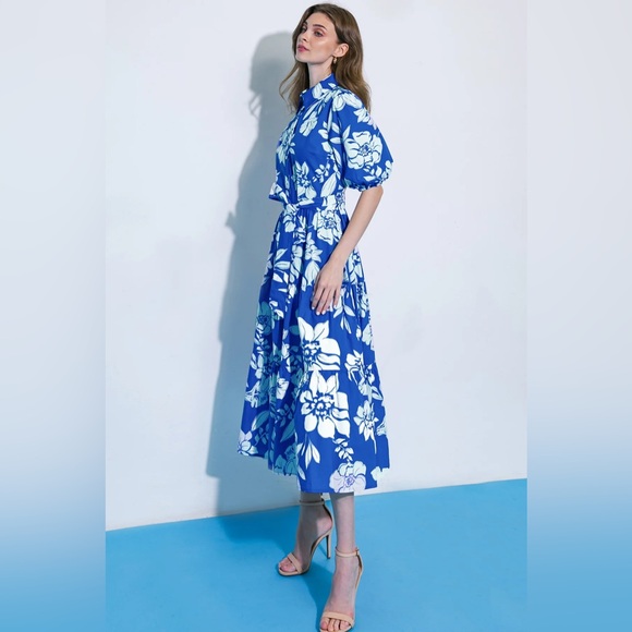 Flying Tomato Royal Blue & White Floral Button-Front Midi Dress - Picture 3 of 12